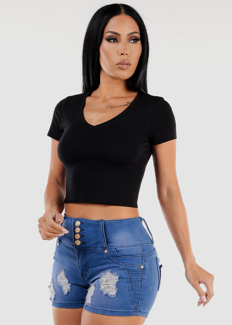 Short Sleeve Black Vneck Crop Top