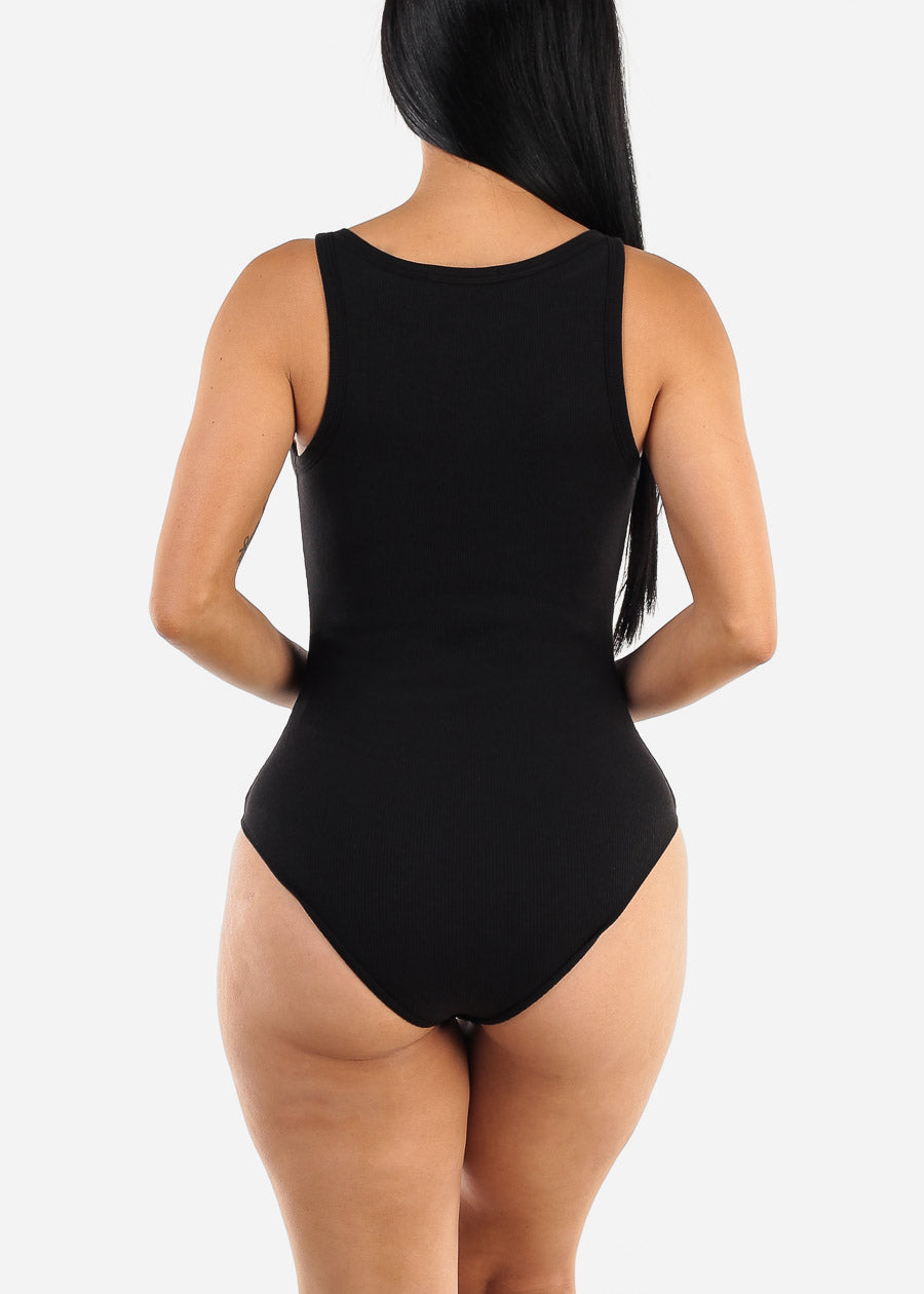 Black Sleeveless Scoop Neck Ribbed Bodysuit