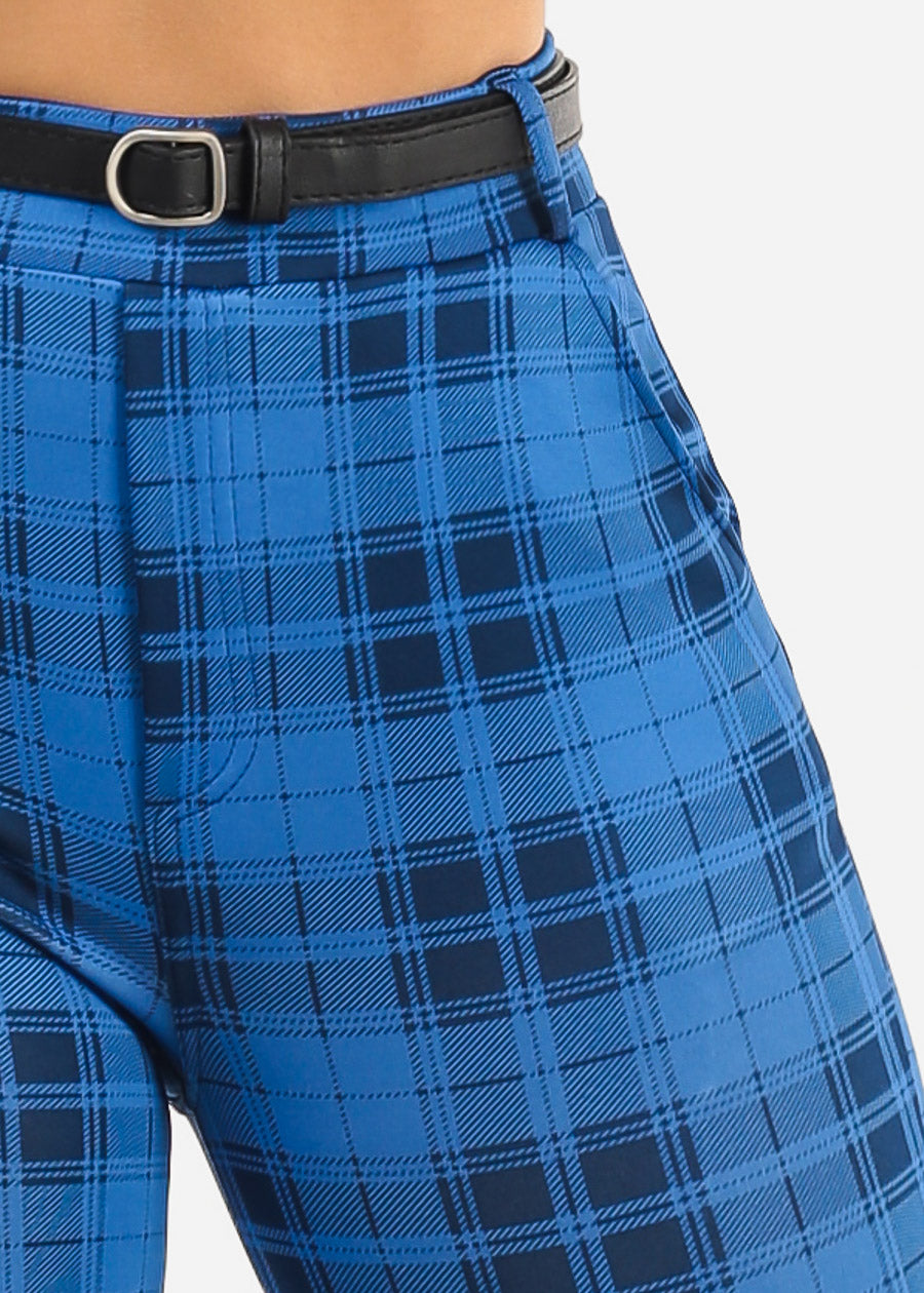 Butt Lift Stretchy Plaid Skinny Ankle Pants Blue