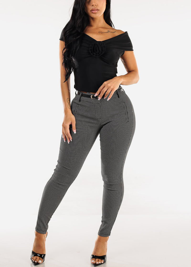 Butt lift Mid Rise Stretch Polka Dot Skinny Pants Black