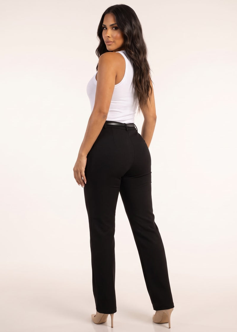 Super High Waist Straight Leg Stretchy Dress Black Pants