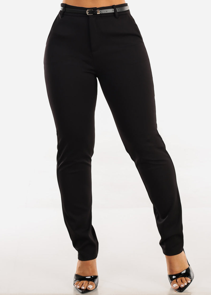 Belted Super High Waist Dressy Skinny Pants Black