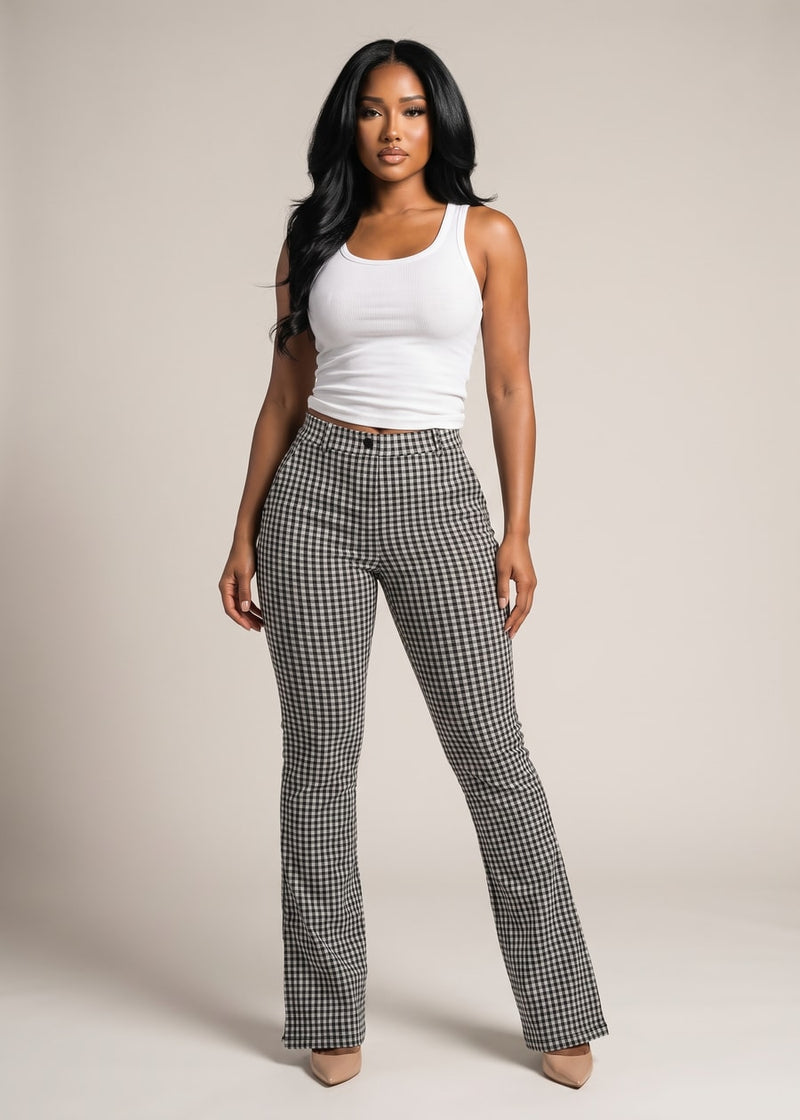Butt lift High Waist Plaid Flared Pants B&W