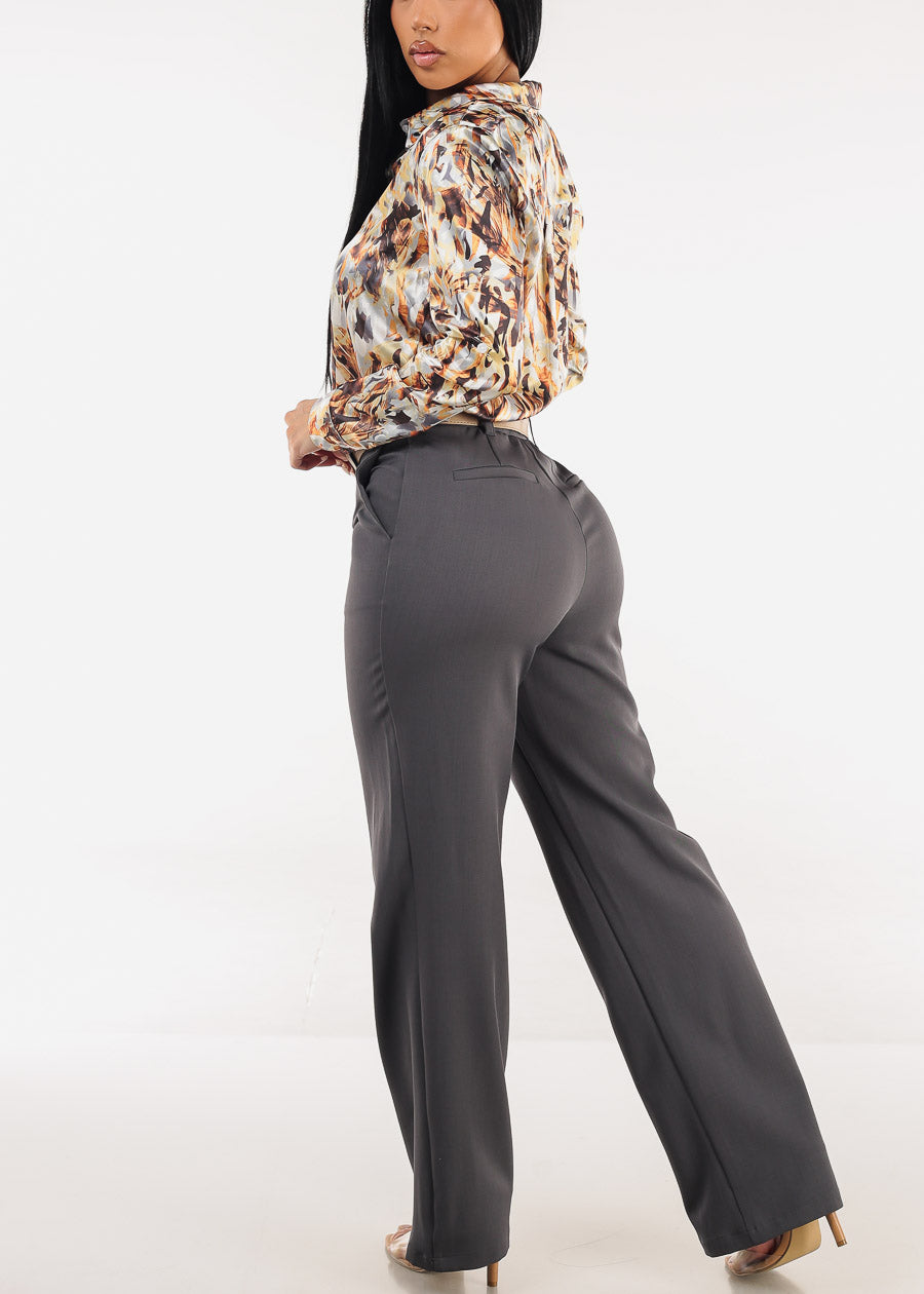 High Waist Wide Leg Dress Pants Charcoal with Belt