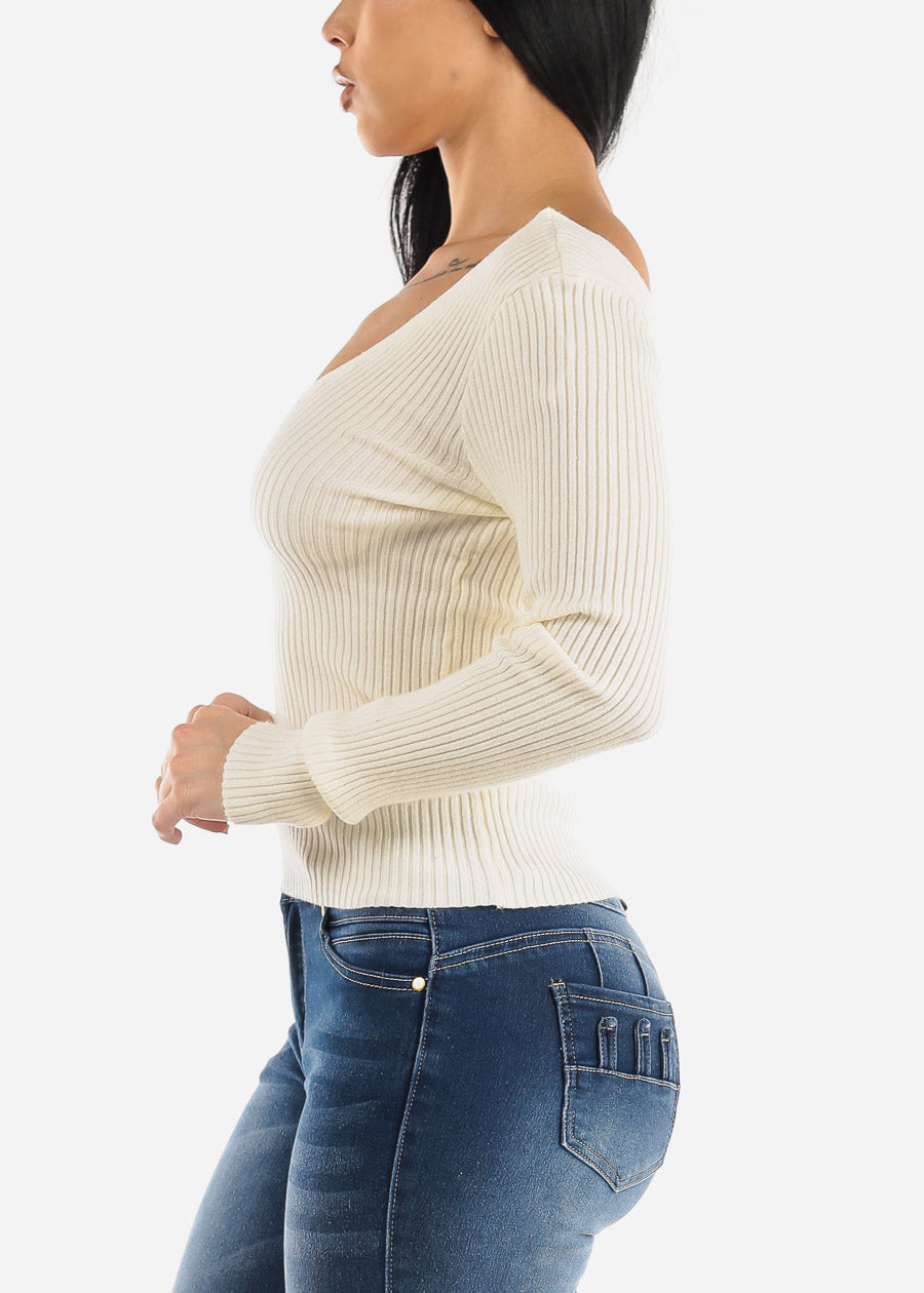 Long Sleeve V-Neck Sweater Top Off White