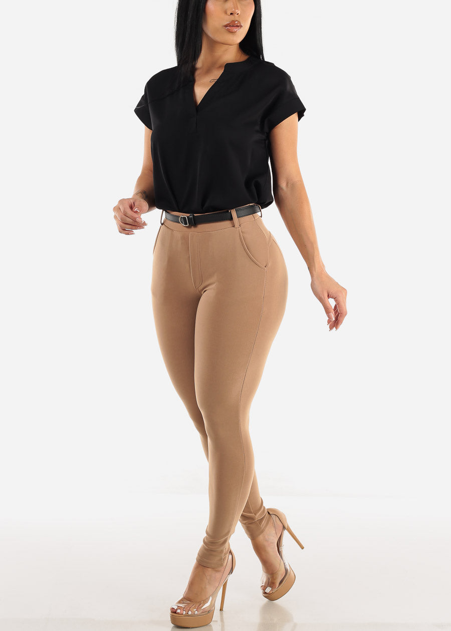 Butt Lifting High Waist Skinny Pants Light Brown w Belt