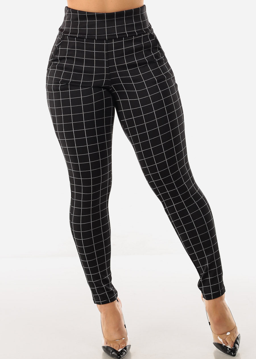 Super High Waist Black Butt Lift Skinny Pants Windowpane