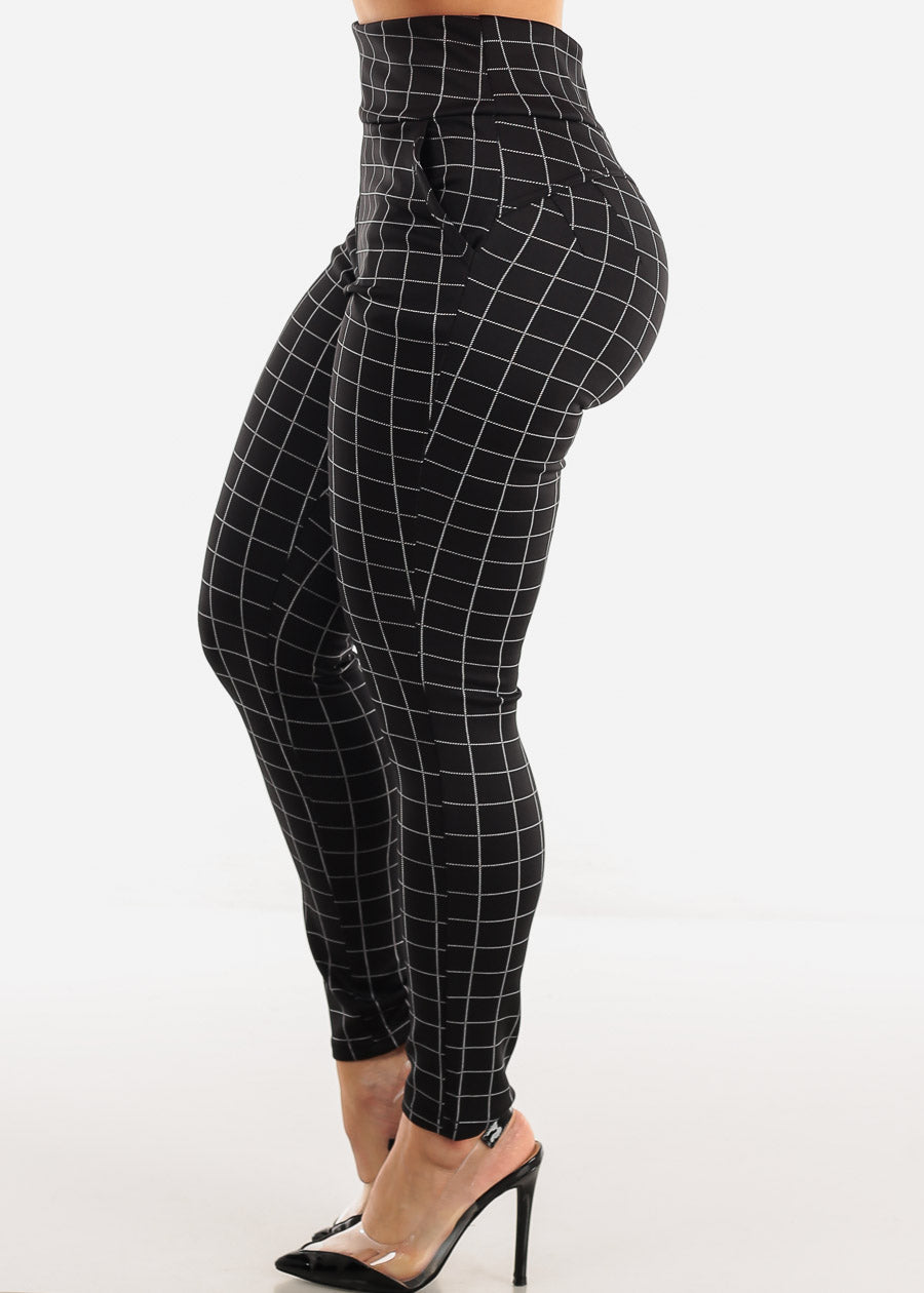 Super High Waist Black Butt Lift Skinny Pants Windowpane