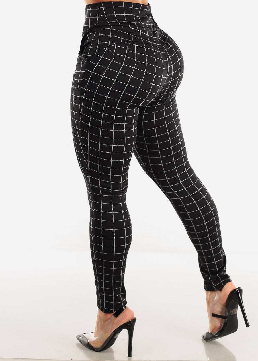 Super High Waist Black Butt Lift Skinny Pants Windowpane