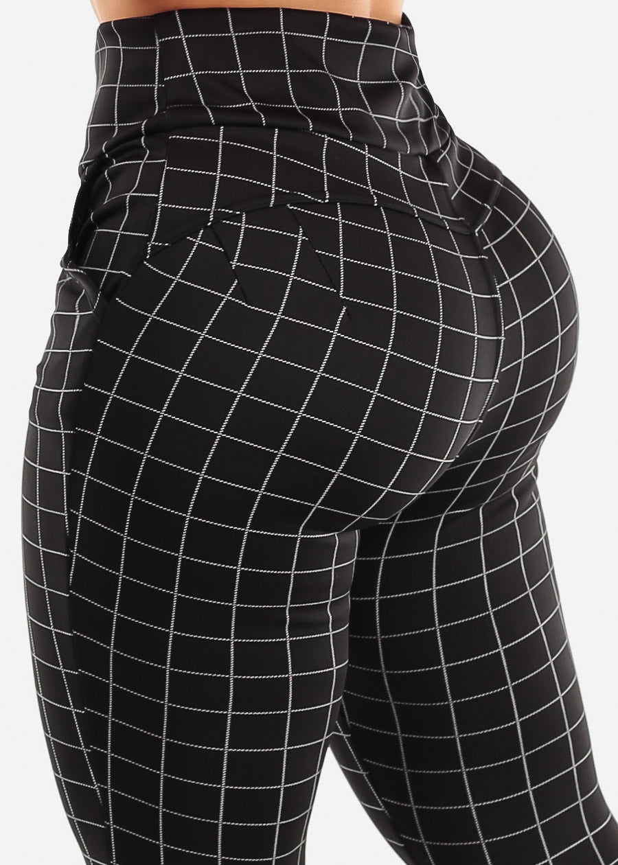 Super High Waist Black Butt Lift Skinny Pants Windowpane