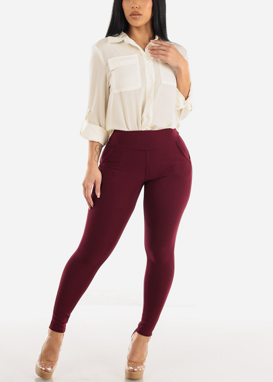 Butt Lift High Waisted Skinny Pants Burgundy