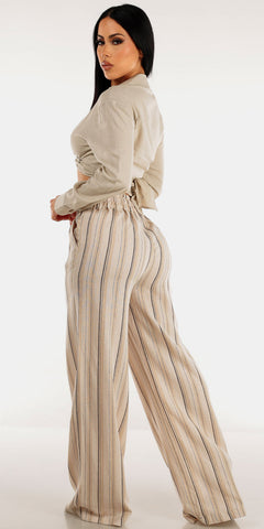 Beige Linen Stripe Pants Set