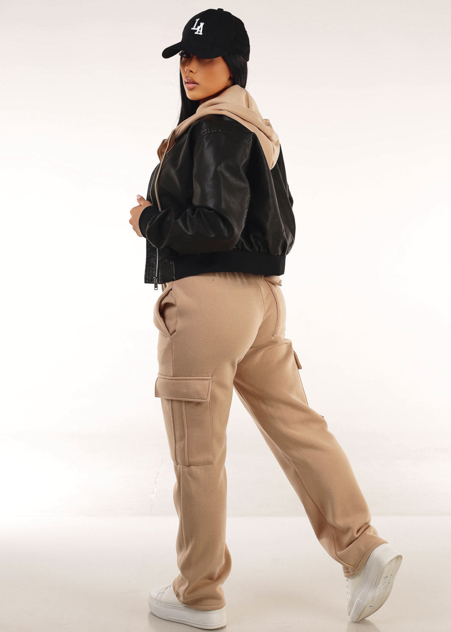 High Waist Relaxed Fit Utility Fleece Sweatpants Taupe