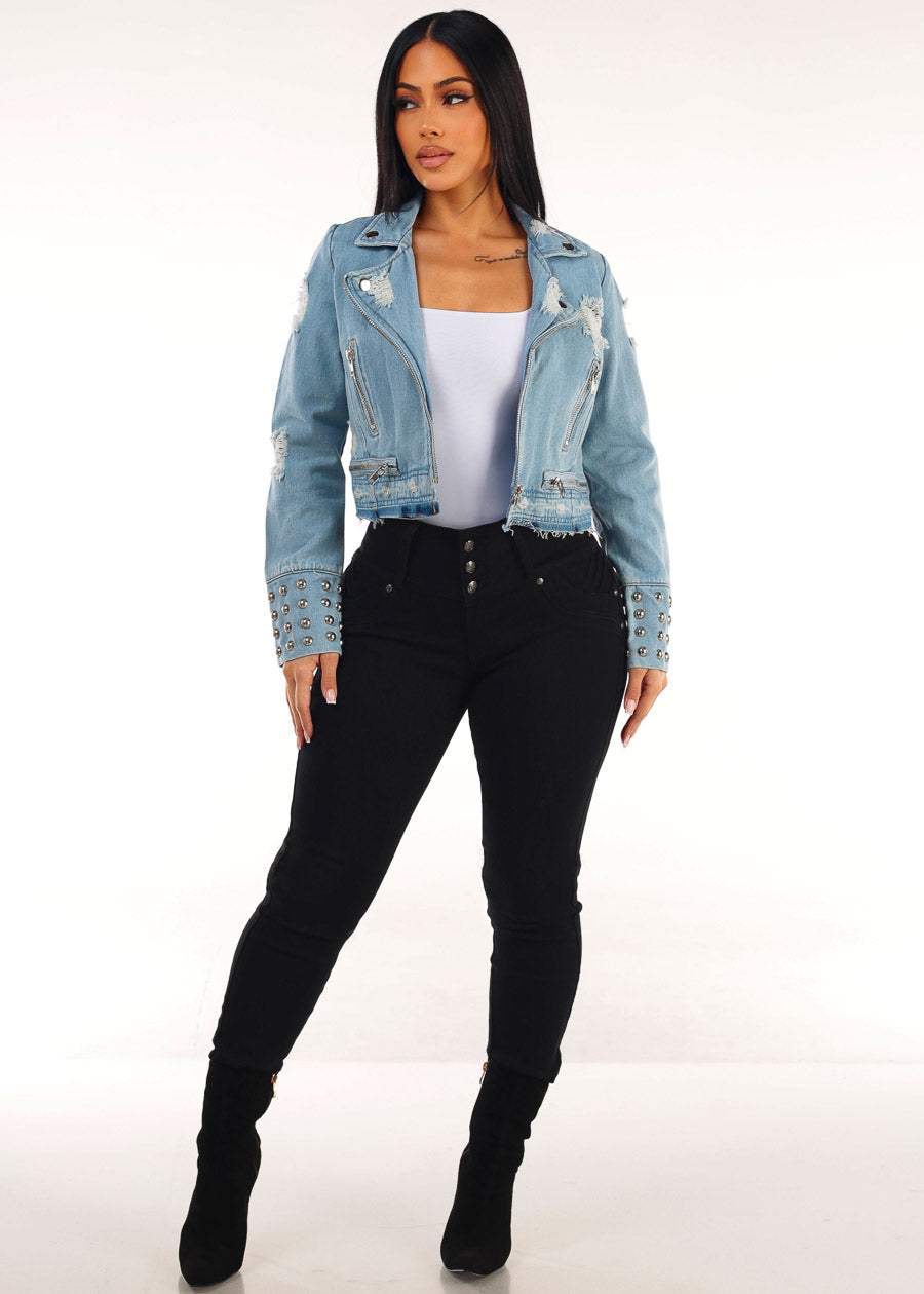 Zip Up Long Sleeve Distressed Moto Denim Jacket Light Wash