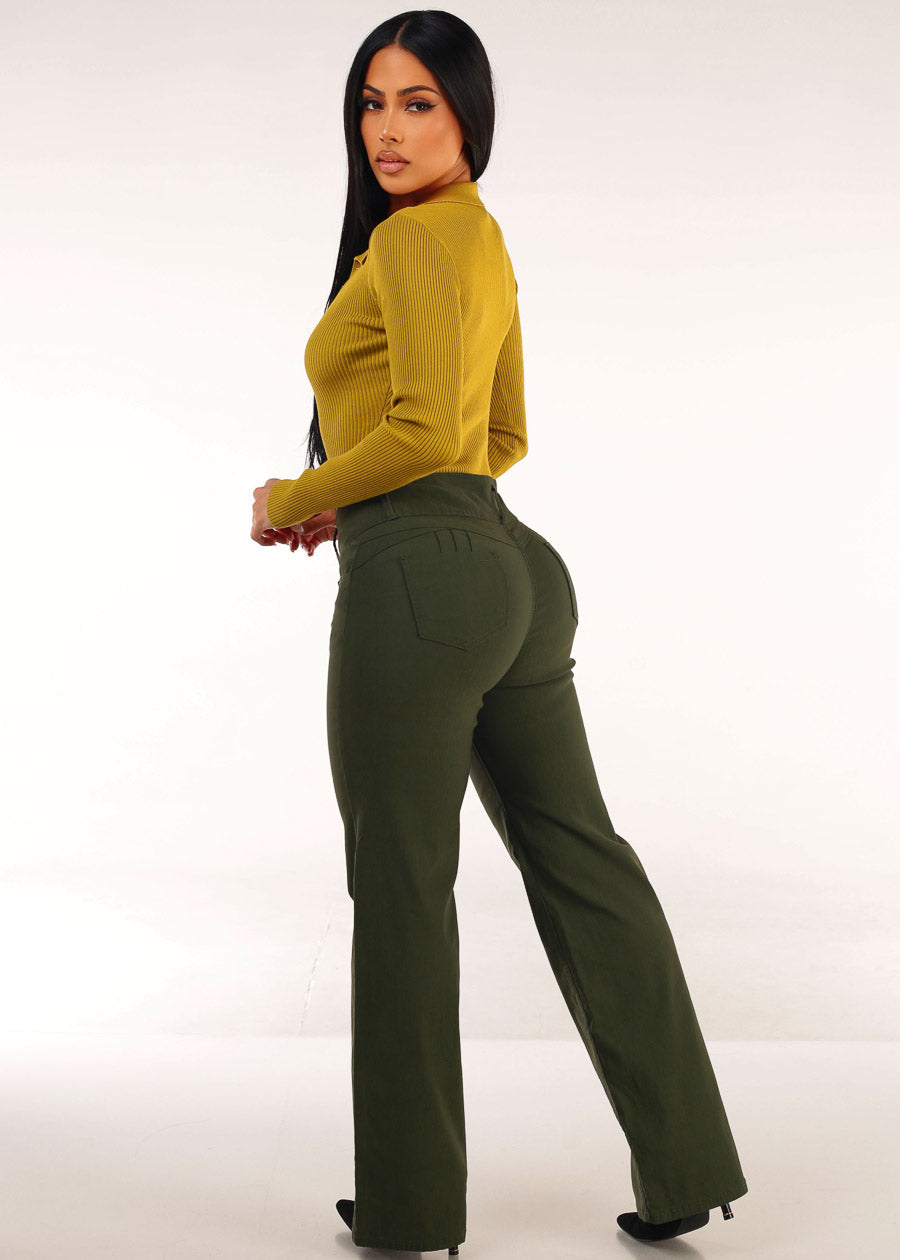 MX JEANS Butt Lift Hyper Stretch Straight Wide Leg Pants Olive