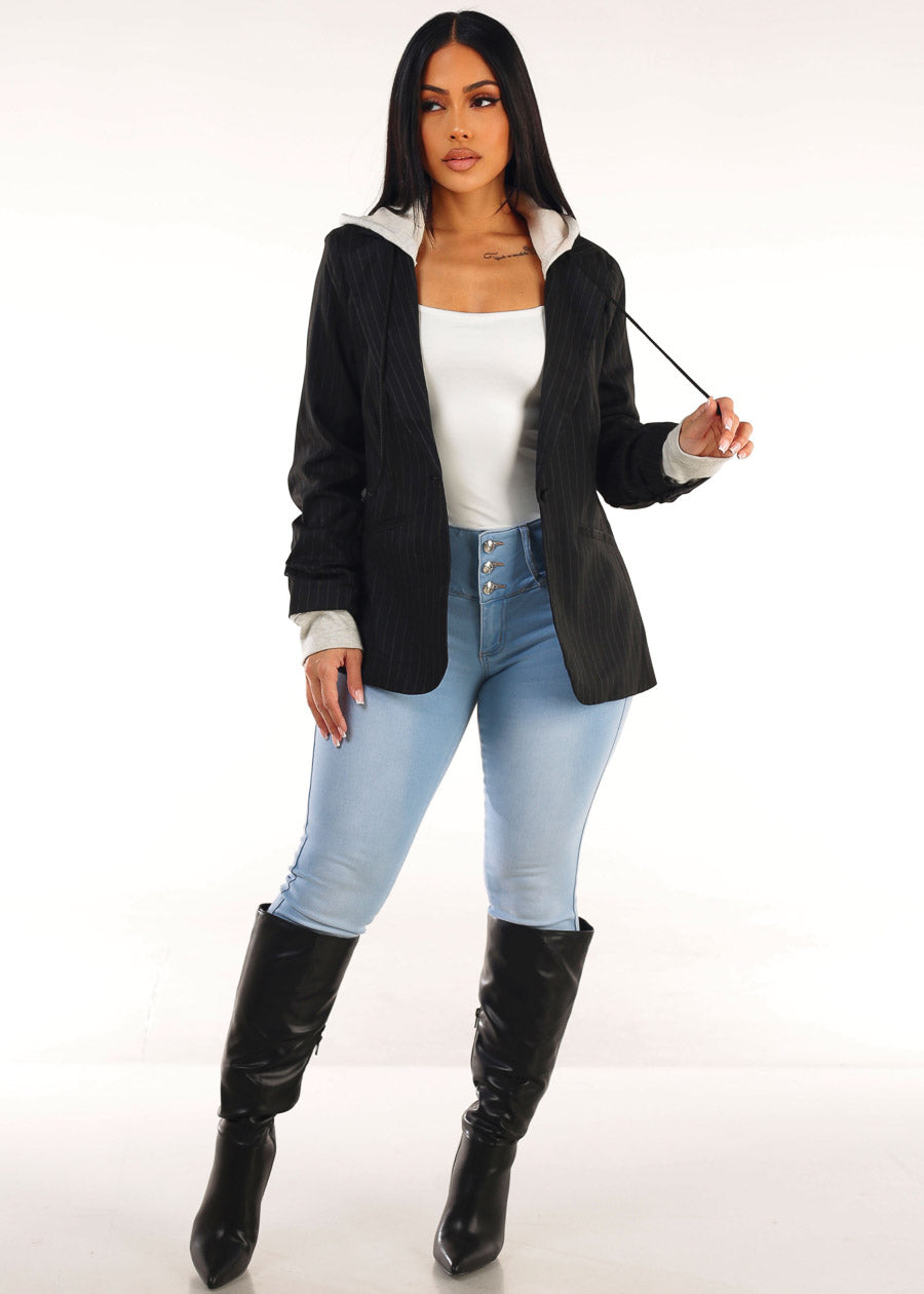 Long Sleeve Stripe Hooded Blazer Black