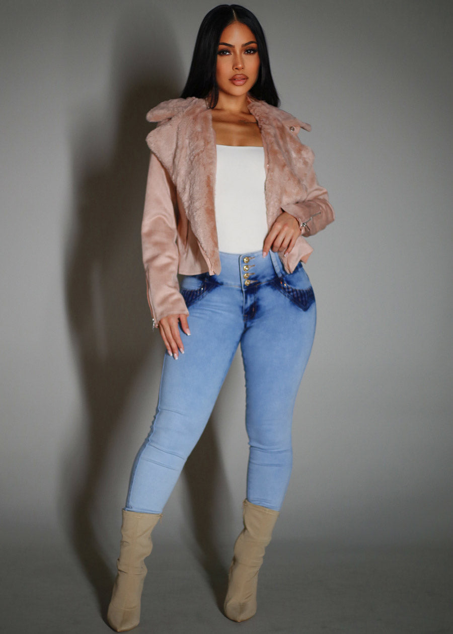 Zip Up Long Sleeve Suede Jacket Blush w Faux Fur
