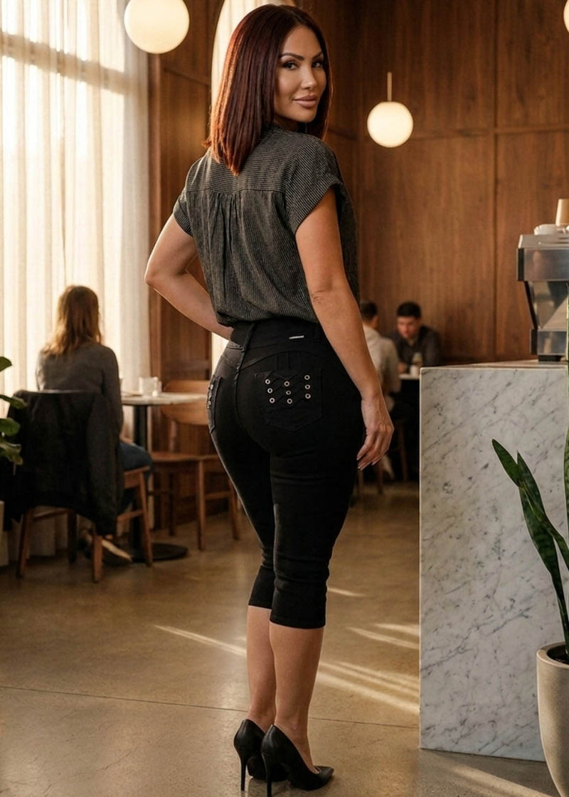 MX JEANS Levantacola Super High Waisted Stretch Denim Capris Black