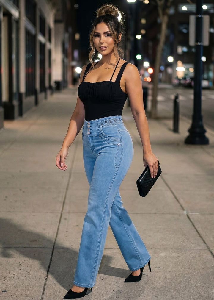 MX JEANS Embroidered Back Butt Lift Wide Leg Stretch Jeans Light Blue
