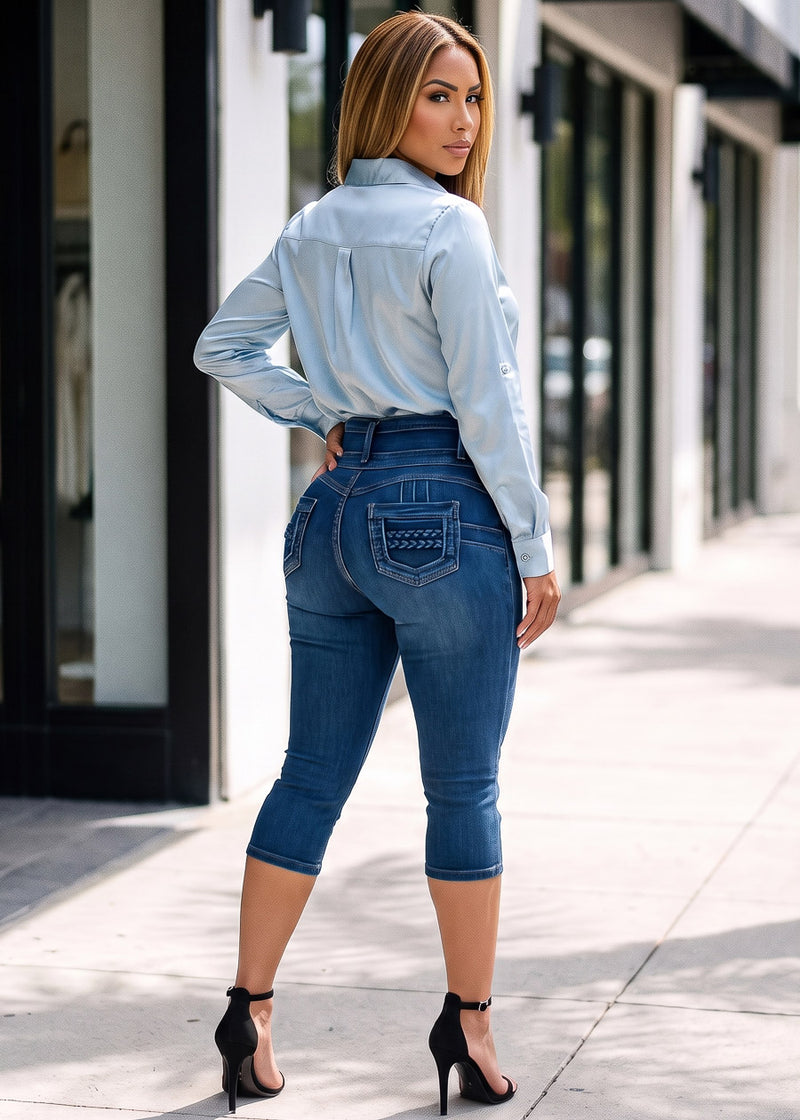 MX JEANS Butt Lift Super High Waist Stretch Denim Capris Mid Sand Wash