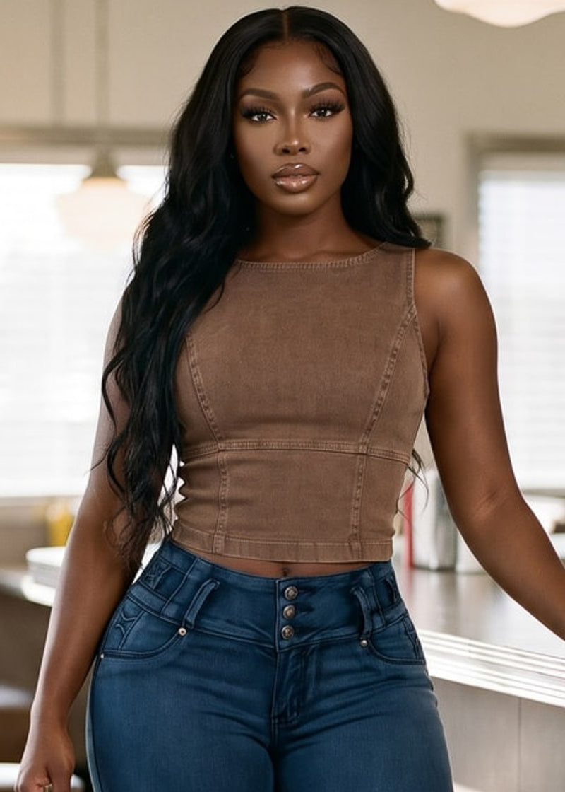 Sleeveless High Neck Fitted Denim Blouse Mocha