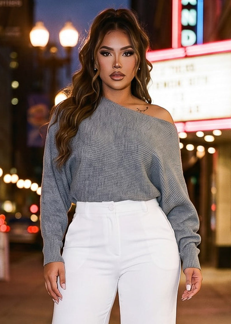 Long Sleeve Boat Neckline Oversized Sweater Grey