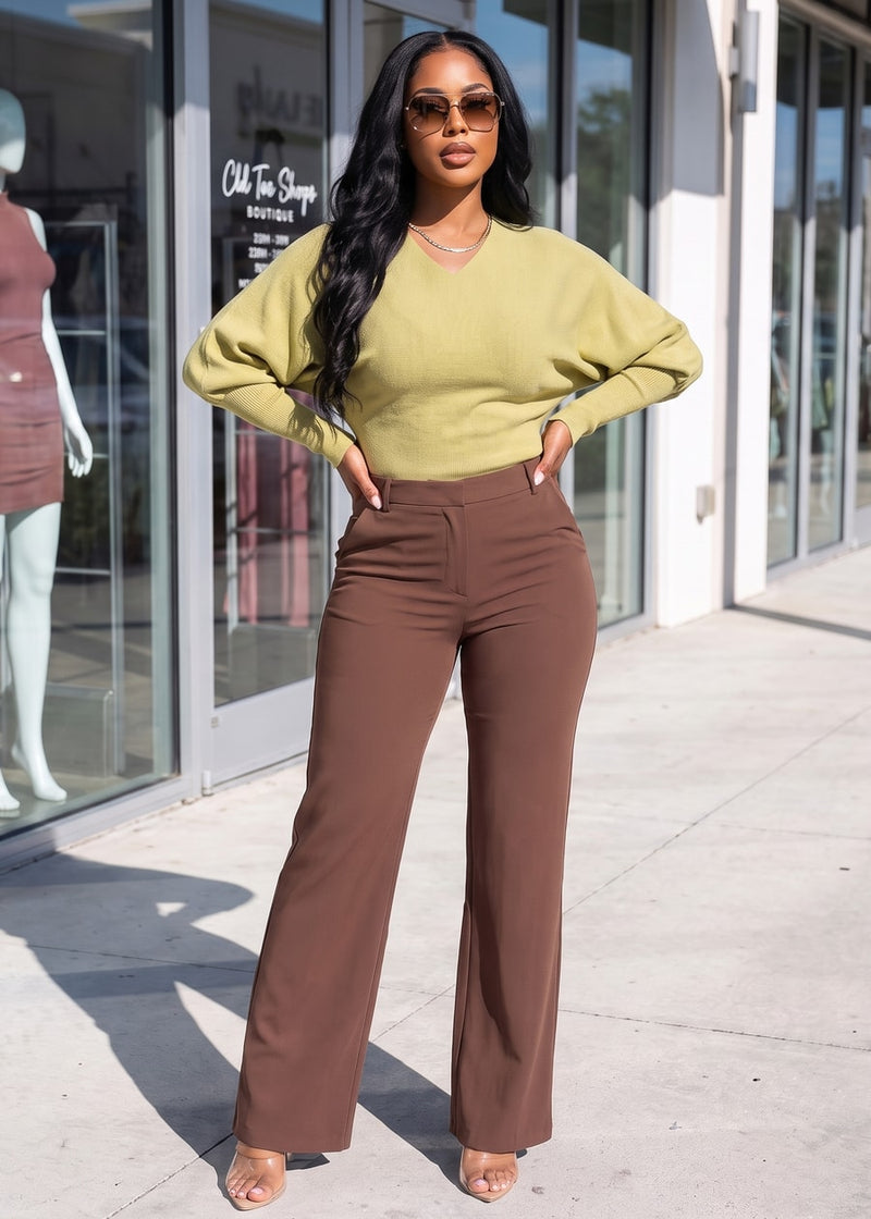 Butt Lift Super High Waist Straight Wide Leg Stretch Dress Pants Brown