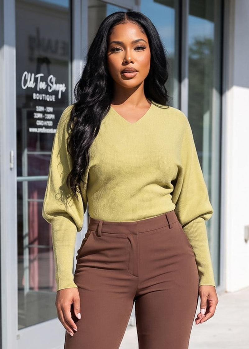 Dolman Long Sleeve Vneck Sweater Moss Green