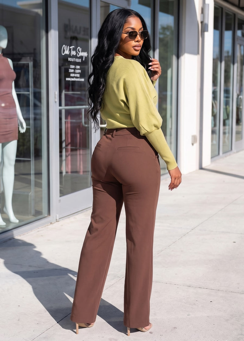 Butt Lift Super High Waist Straight Wide Leg Stretch Dress Pants Brown