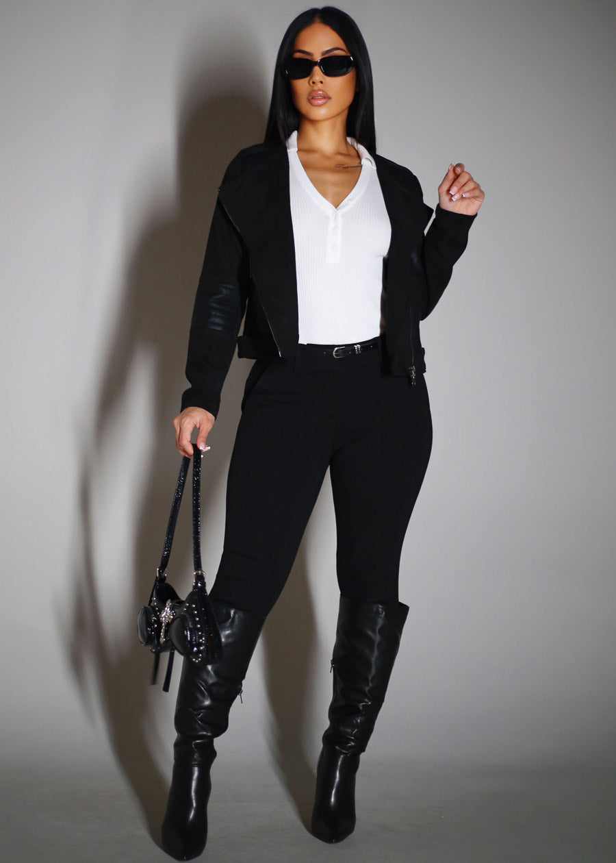 Zip Up Suede Biker Jacket Black