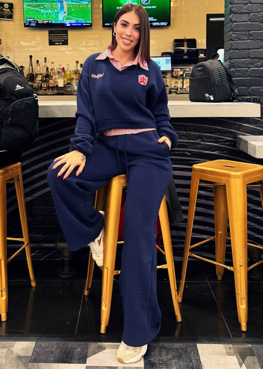 Cropped Fleece V-Neck Sweatshirt Navy w Striped Collar