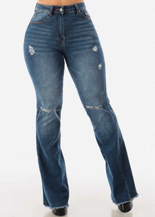 High Waist Dark Wash Distressed Flared Jeans w Raw Hem