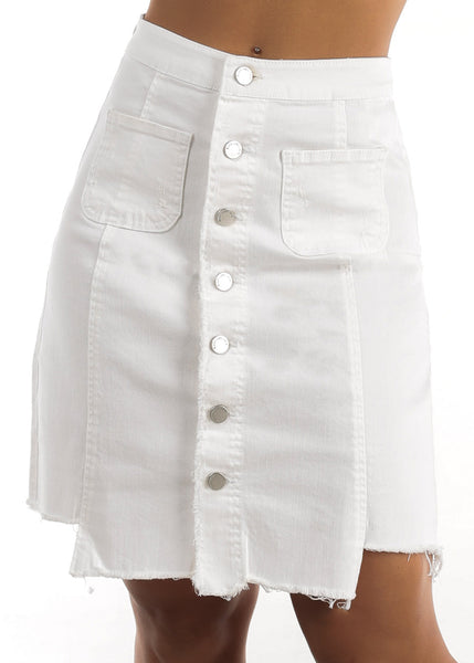 Womens Knee Length White Button Up Denim Shirt - White Jean Midi