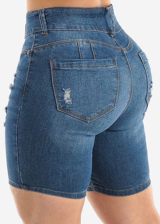 Butt Lifting Distressed Mid Thigh Denim Shorts