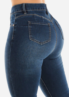 Classic One Button Butt Lifting Bootcut Jeans Dark Blue