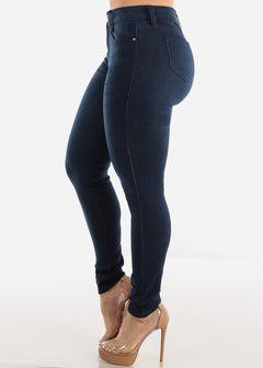 Mid Rise Dark Stretchy One Button Skinny Jeans