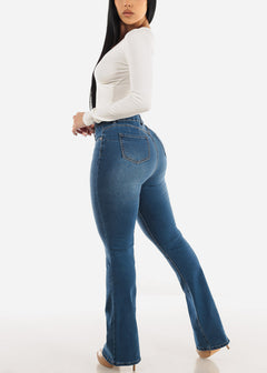 Classic One Button Butt Lifting Bootcut Jeans Med Blue