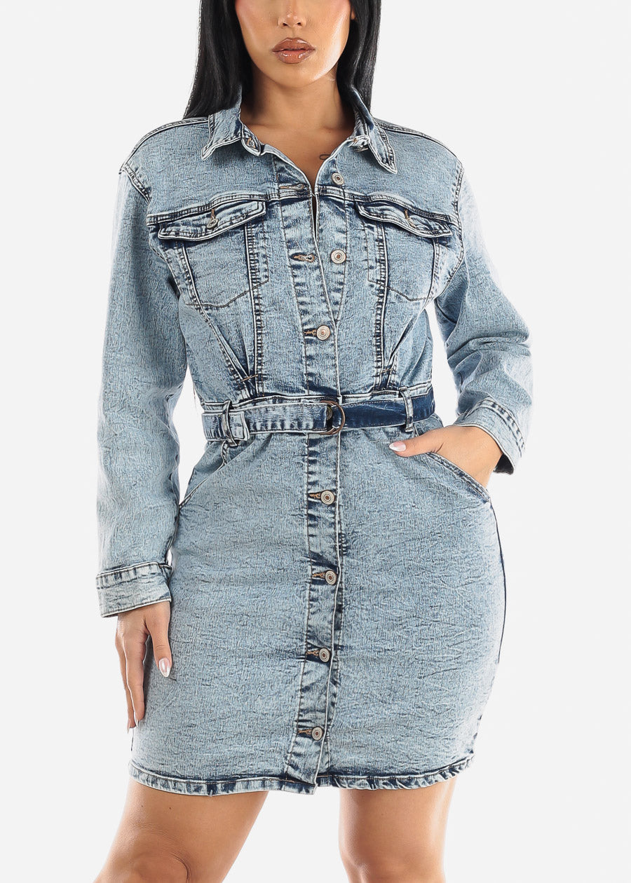 Belted Button Down Acid Wash Denim Mini Dress