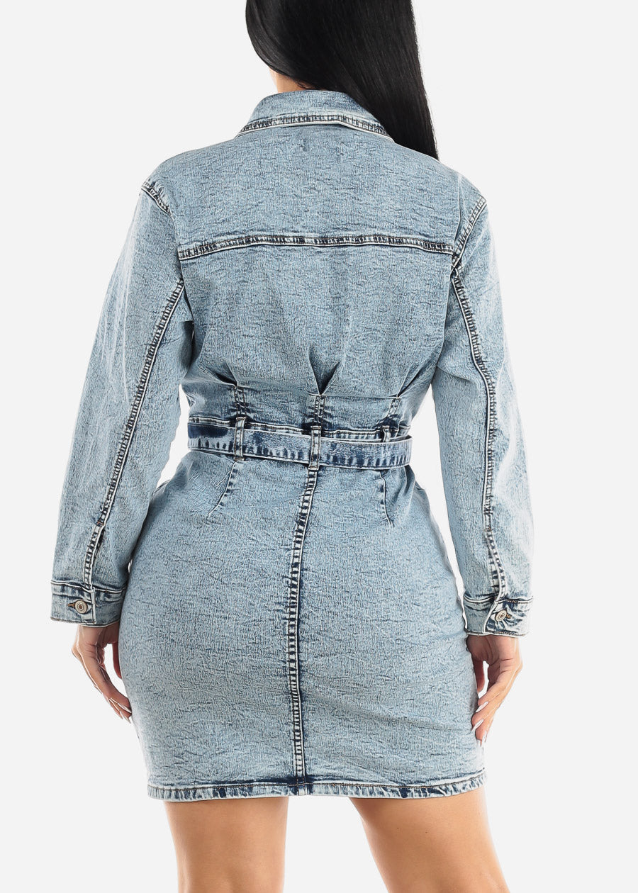 Belted Button Down Acid Wash Denim Mini Dress