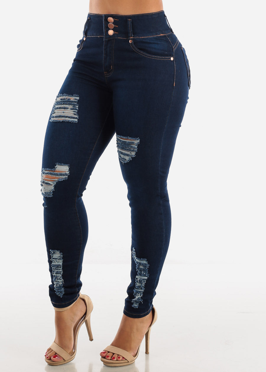 Ripped Levanta Cola Skinny Jeans Dark Blue w Braided Pockets