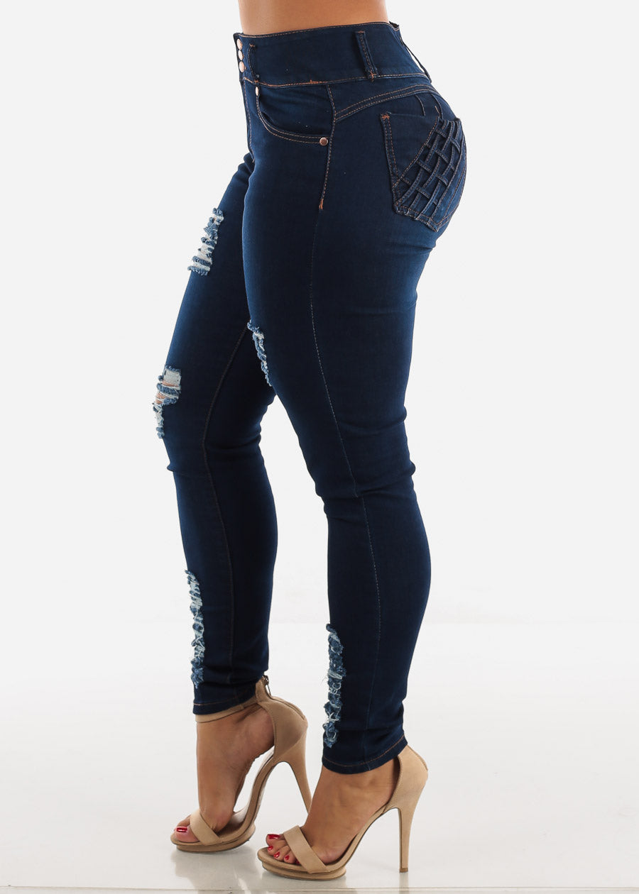 Ripped Levanta Cola Skinny Jeans Dark Blue w Braided Pockets