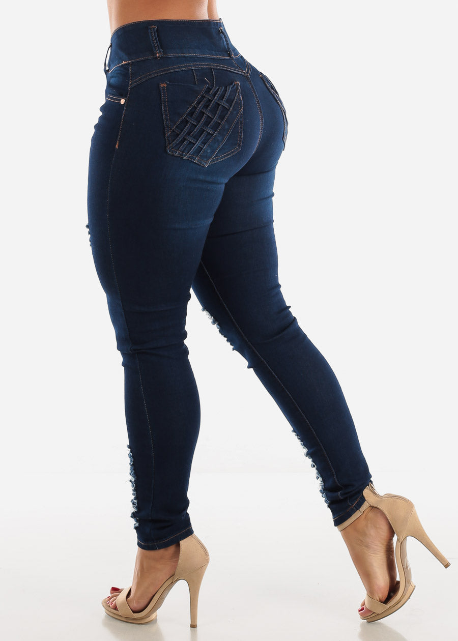 Ripped Levanta Cola Skinny Jeans Dark Blue w Braided Pockets