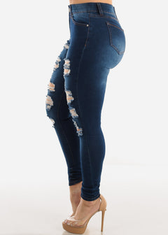 Mid Rise Distressed Dark Stretchy Skinny Jeans