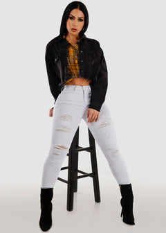 White Stretchy Distressed Mid Rise Skinny Jeans