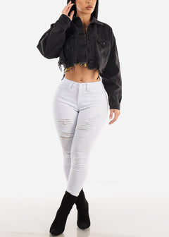 White Stretchy Distressed Mid Rise Skinny Jeans