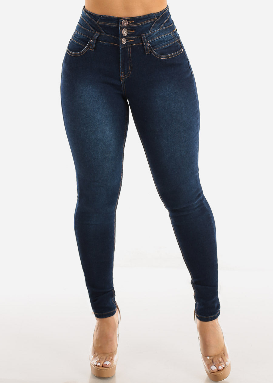 High Waisted Butt Lifting Dark Blue Skinny Jeans