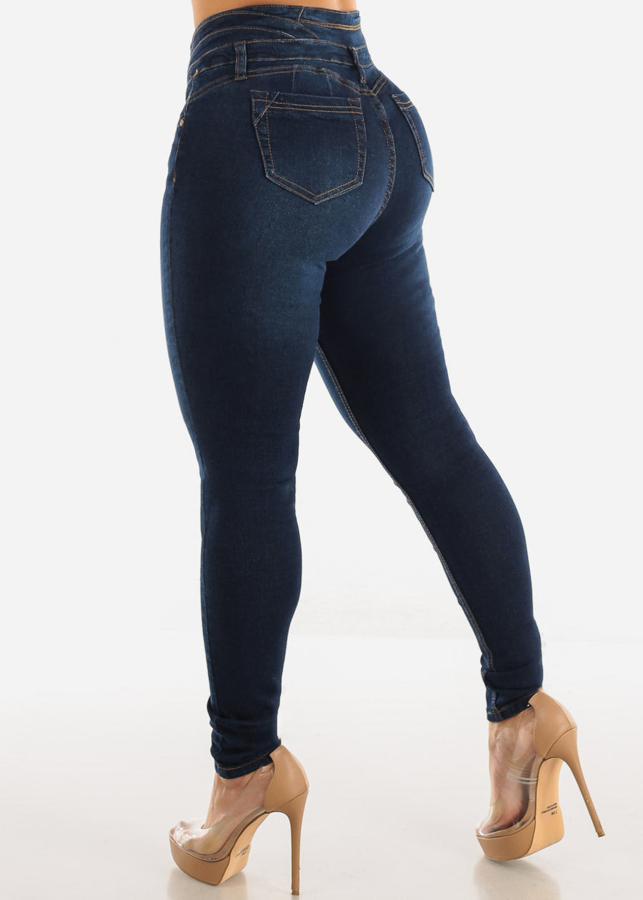 High Waisted Butt Lifting Dark Blue Skinny Jeans