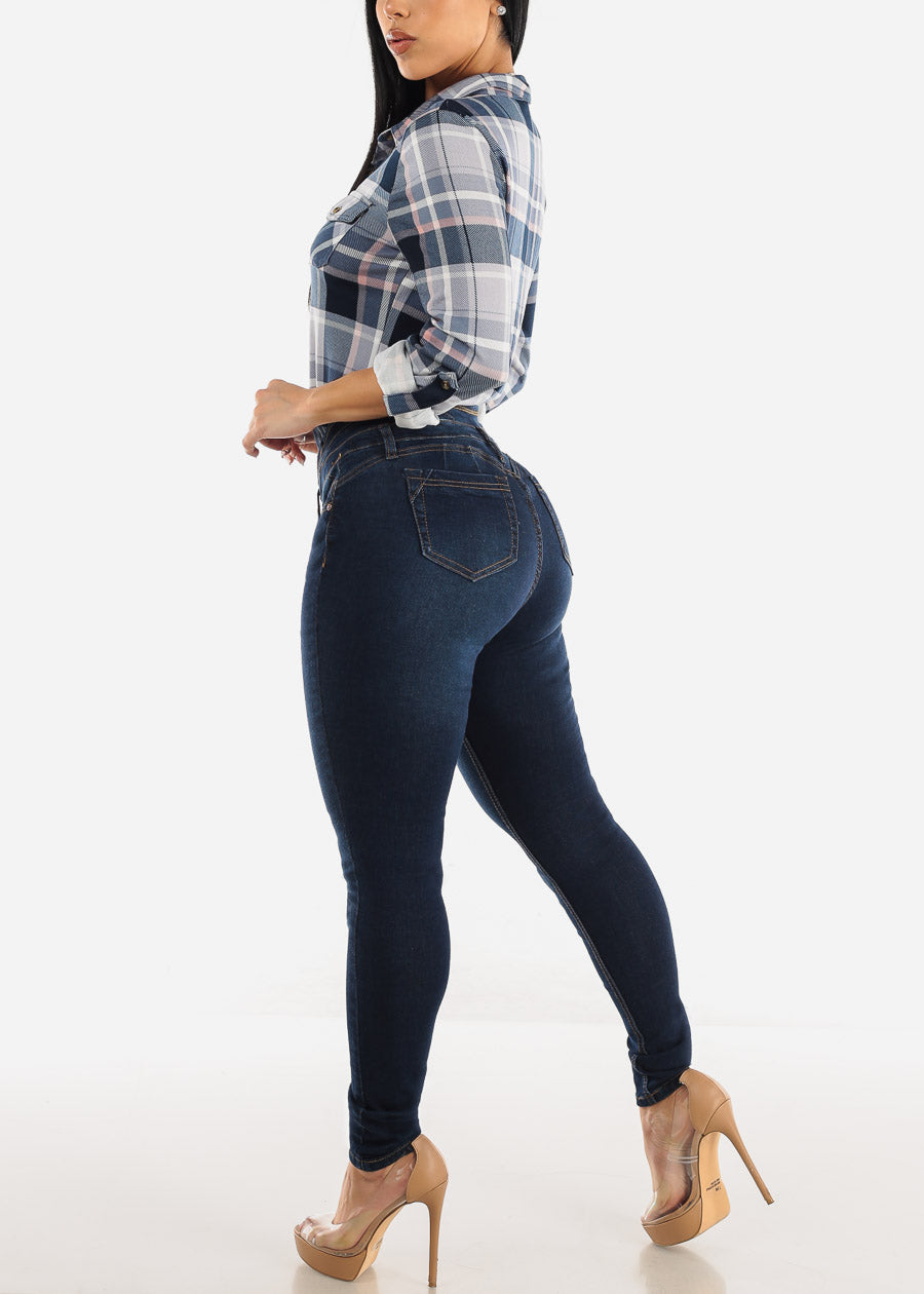 High Waisted Butt Lifting Dark Blue Skinny Jeans