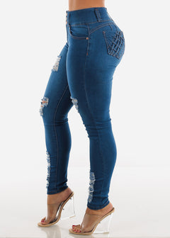 Ripped Levanta Cola Skinny Jeans Med Blue w Braided Pockets