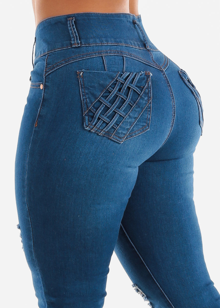 Ripped Levanta Cola Skinny Jeans Med Blue w Braided Pockets